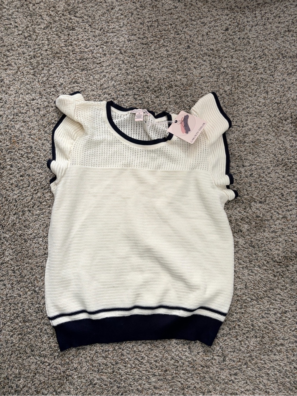 Carolyn Taylor Cream Knit Tank with Navy Trim